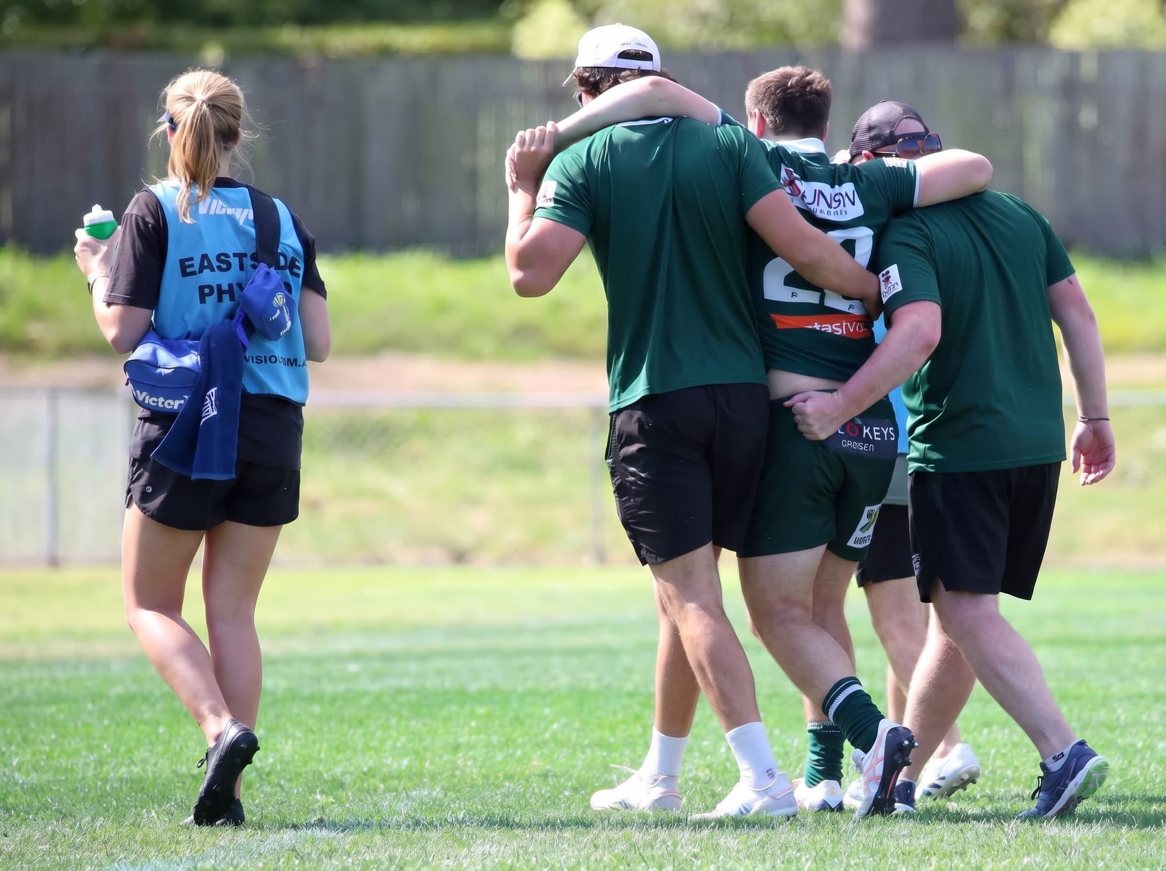 A physio in a sports-team vest alongside teammates helping an injured rugby player off the pitch